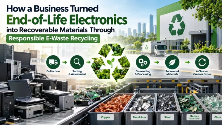 E-waste recycling process showing end-of-life electronics being collected, sorted, dismantled, and converted into recoverable materials such as copper, aluminium, steel, plastics, and glass.