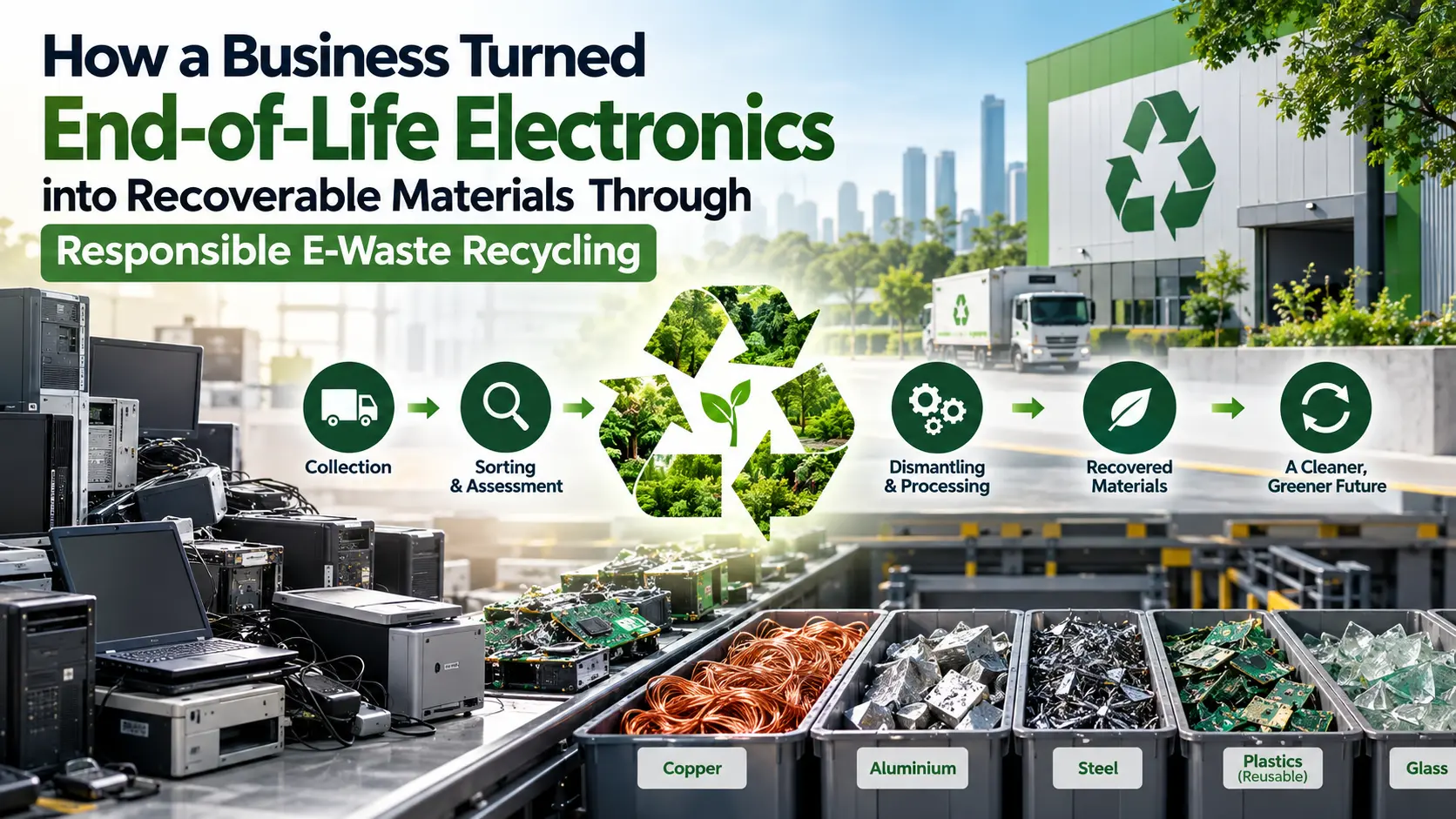 E-waste recycling process showing end-of-life electronics being collected, sorted, dismantled, and converted into recoverable materials such as copper, aluminium, steel, plastics, and glass.